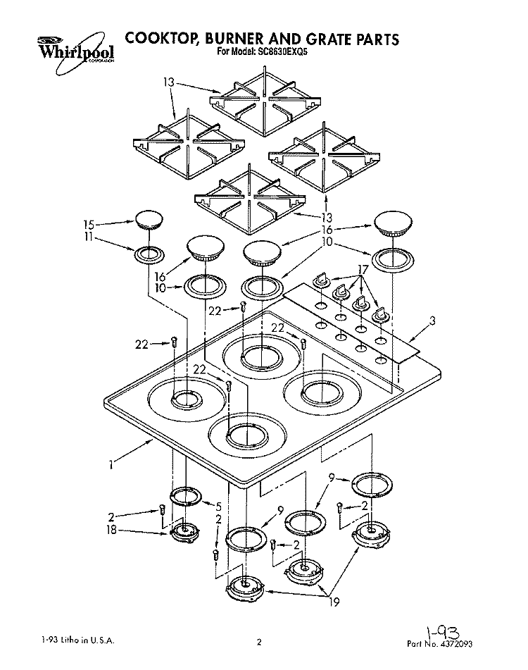 COOKTOP, BURNER AND GRATE Diagram and Parts List for SC8630EXQ5  Whirlpool Cooktop