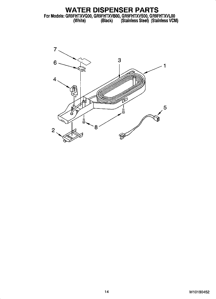 WATER DISPENSER PARTS, OPTIONAL PARTS Diagram and Parts List for GR9FHTXVL00  Whirlpool Refrigerator