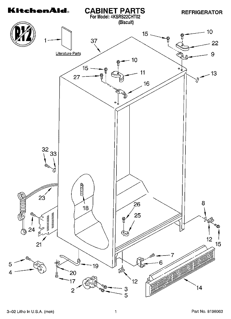 CABINET, LITERATURE Diagram and Parts List for 4KSRS22CHT02  KitchenAid Refrigerator