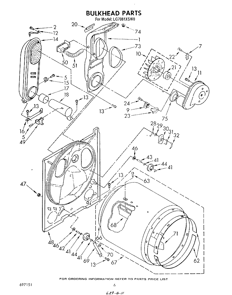BULKHEAD Diagram and Parts List for LG7081XSW0  Whirlpool Dryer