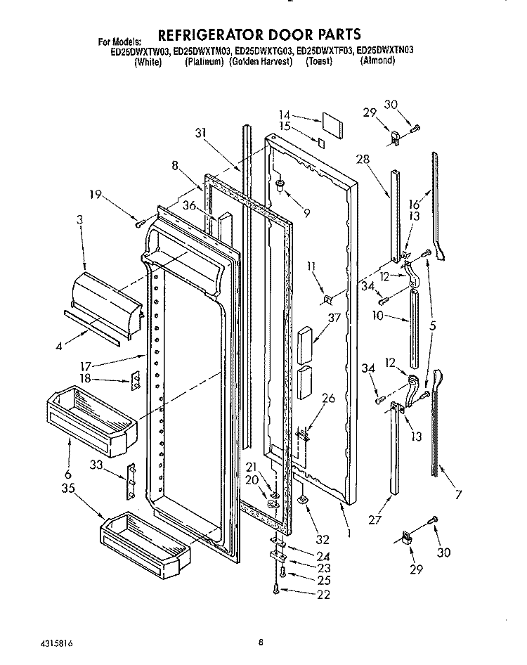 REFRIGERATOR DOOR Diagram and Parts List for ED25DWXTW03  Whirlpool Refrigerator
