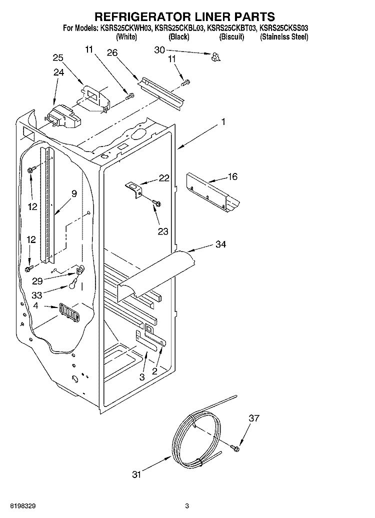 REFRIGERATOR LINER PARTS Diagram and Parts List for KSRS25CKWH03  KitchenAid Refrigerator