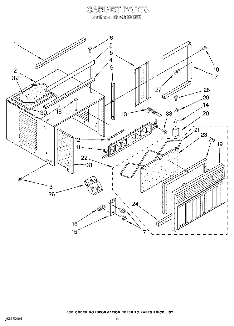 CABINET Diagram and Parts List for BHAC1000XS2  Whirlpool Air Conditioner