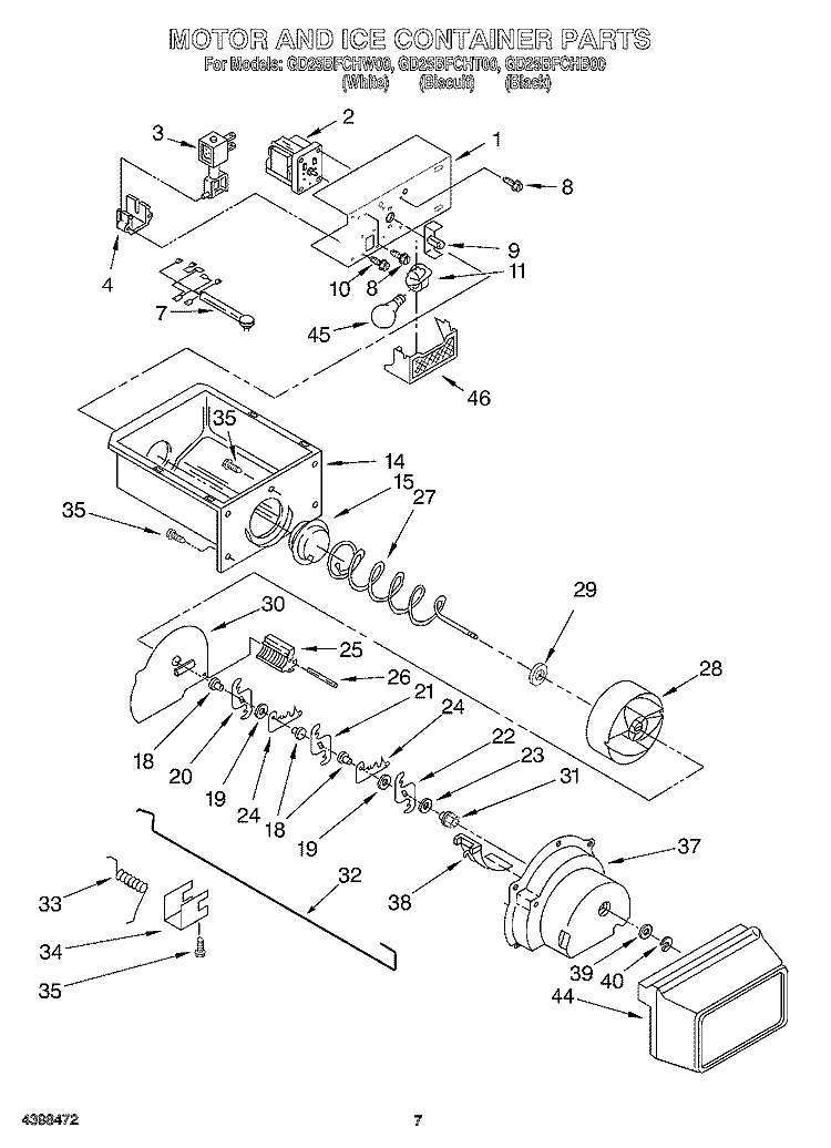 MOTOR AND ICE CONTAINER Diagram and Parts List for GD25BFCHT00  Whirlpool Refrigerator