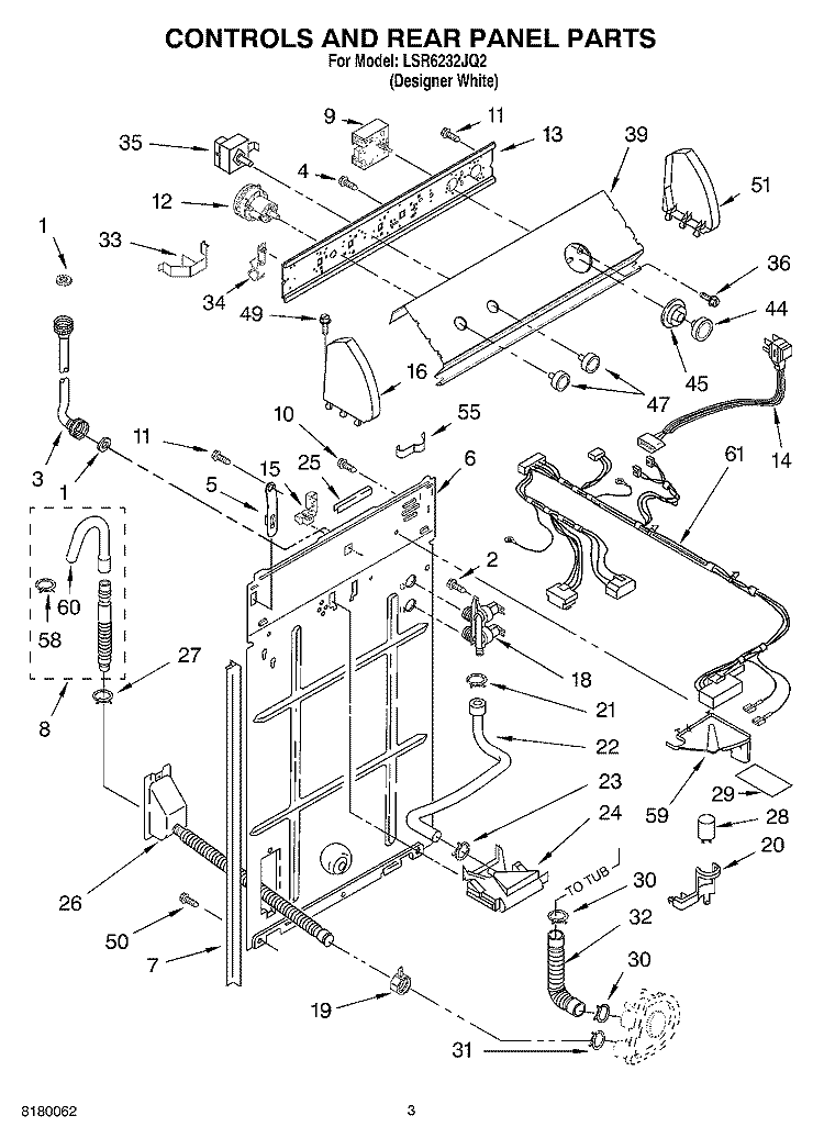 CONTROLS AND REAR PANEL PARTS Diagram and Parts List for LSR6232JQ2  Whirlpool Washer