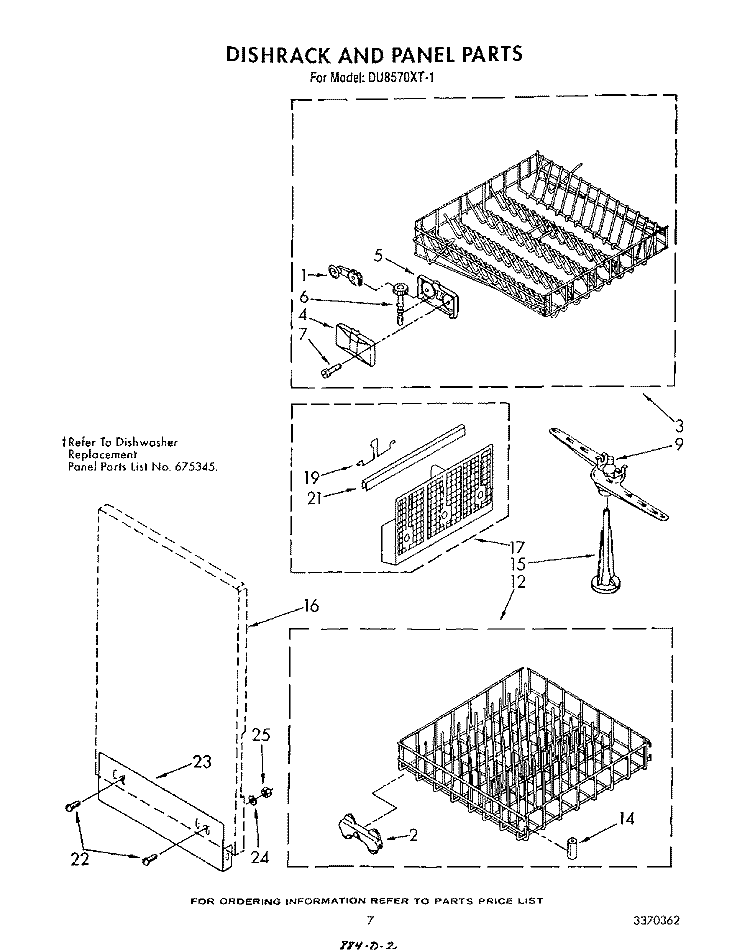 DISHRACK AND PANEL Diagram and Parts List for DU8570XT1  Whirlpool Dishwasher