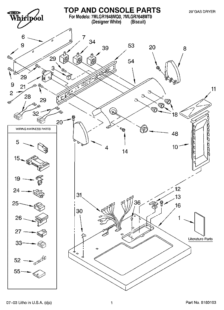 TOP AND CONSOLE PARTS Diagram and Parts List for 7MLGR7648MT0  Whirlpool Dryer