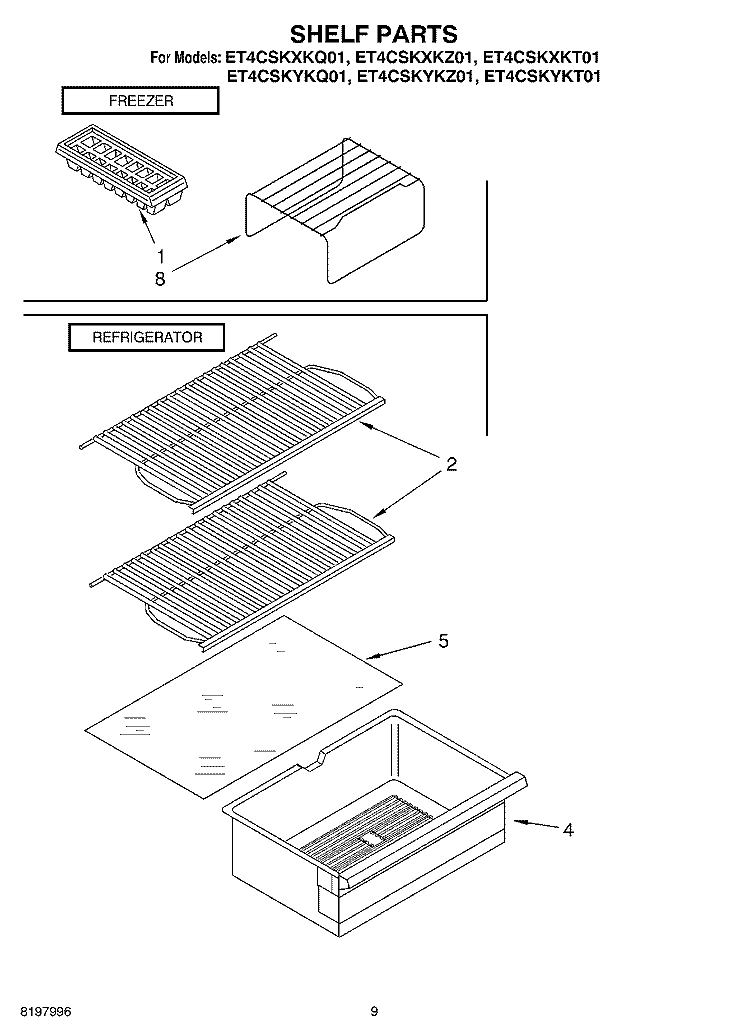 SHELF, OPTIONAL Diagram and Parts List for ET4CSKYKT01  Whirlpool Refrigerator