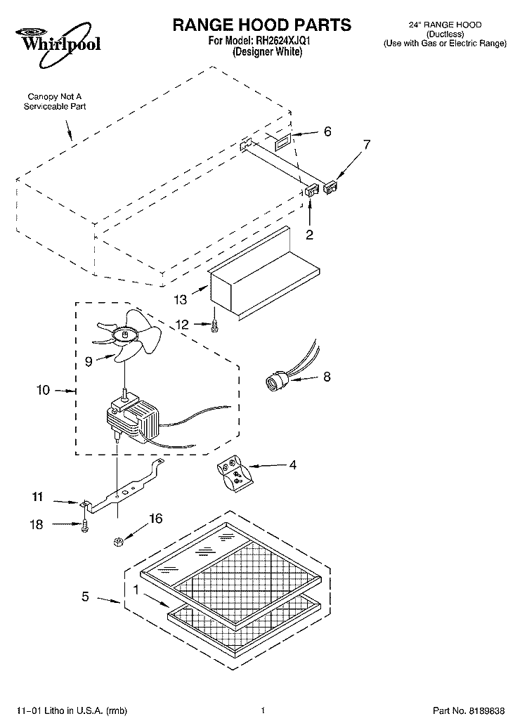 SECTION Diagram and Parts List for RH2624XJQ1  Whirlpool Range Hood