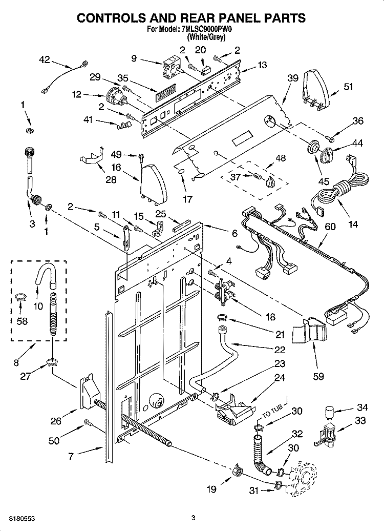 CONTROLS AND REAR PANEL PARTS Diagram and Parts List for 7MLSC9000PW0  Whirlpool Washer