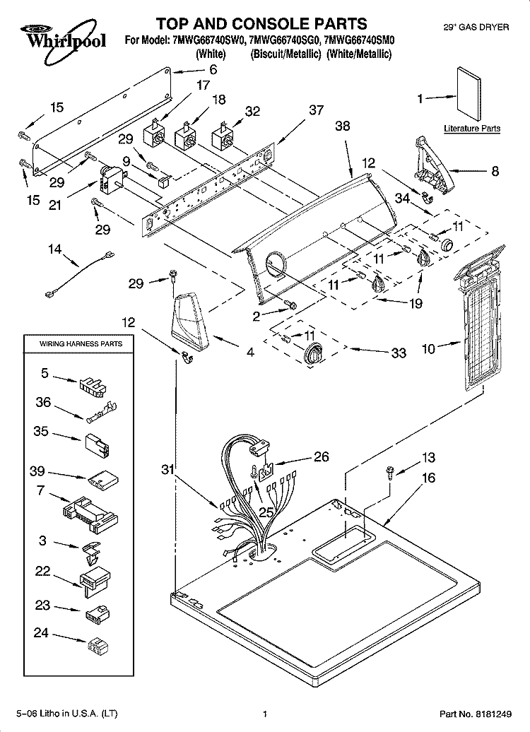 TOP AND CONSOLE PARTS Diagram and Parts List for 7MWG66740SW0  Whirlpool Dryer