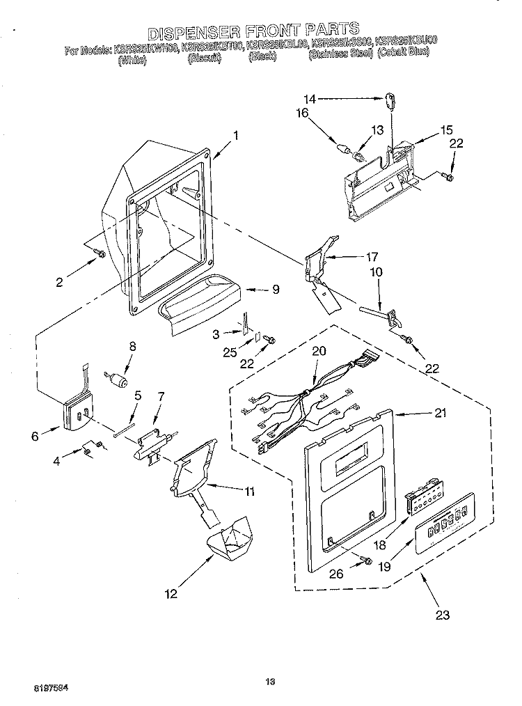 DISPENSER FRONT Diagram and Parts List for KSRS25IKBL00  KitchenAid Refrigerator