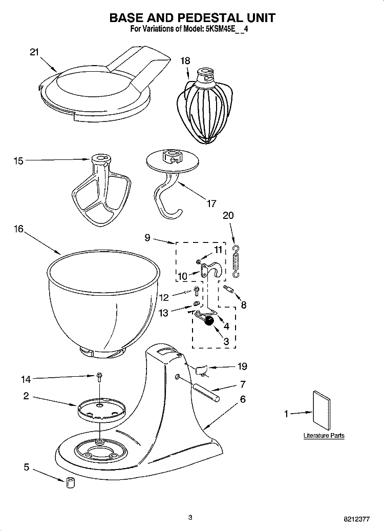 BASE AND PEDESTAL UNIT Diagram and Parts List for 5KSM45EWH4  KitchenAid Mixer