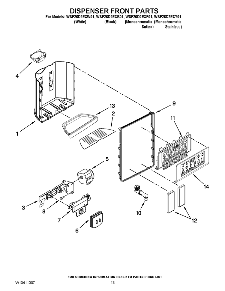 DISPENSER FRONT PARTS Diagram and Parts List for WSF26D2EXF01  Whirlpool Refrigerator