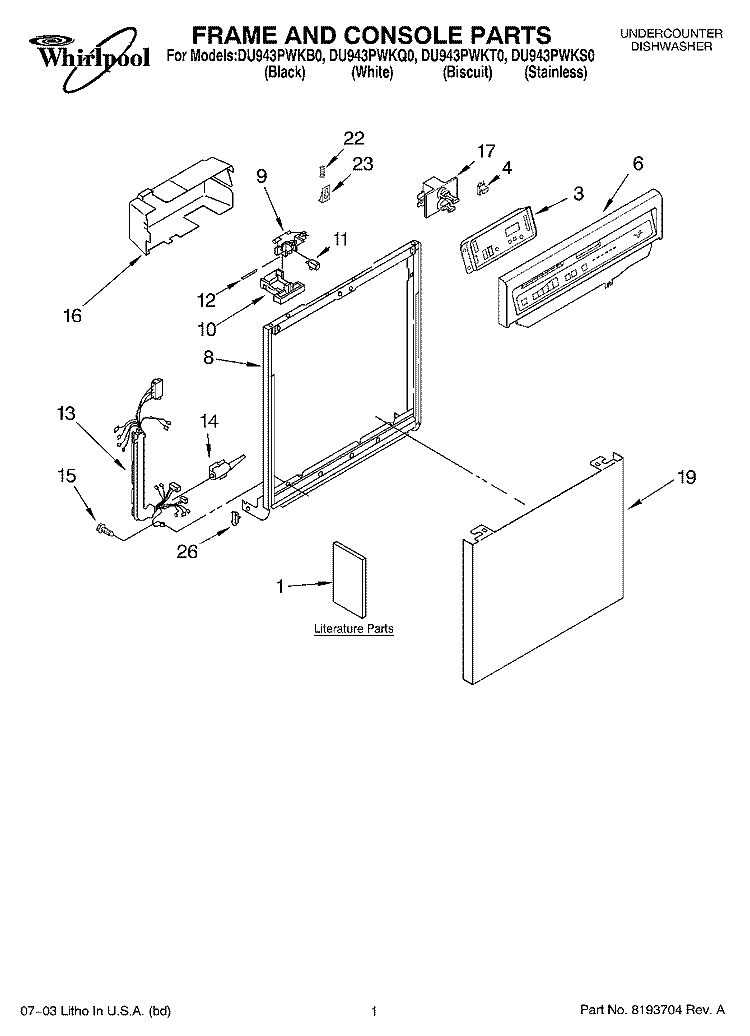FRAME AND CONSOLE PARTS Diagram and Parts List for DU943PWKS0  Whirlpool Dishwasher
