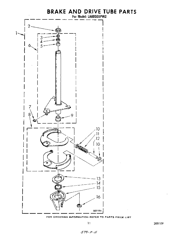 BRAKE AND DRIVE TUBE Diagram and Parts List for LA6000XPW2  Whirlpool Washer