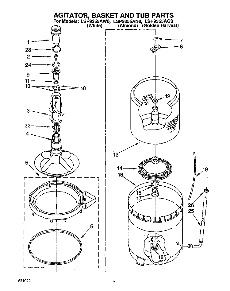 AGITATOR, BASKET AND TUB Diagram and Parts List for LSP9355AW0  Whirlpool Washer