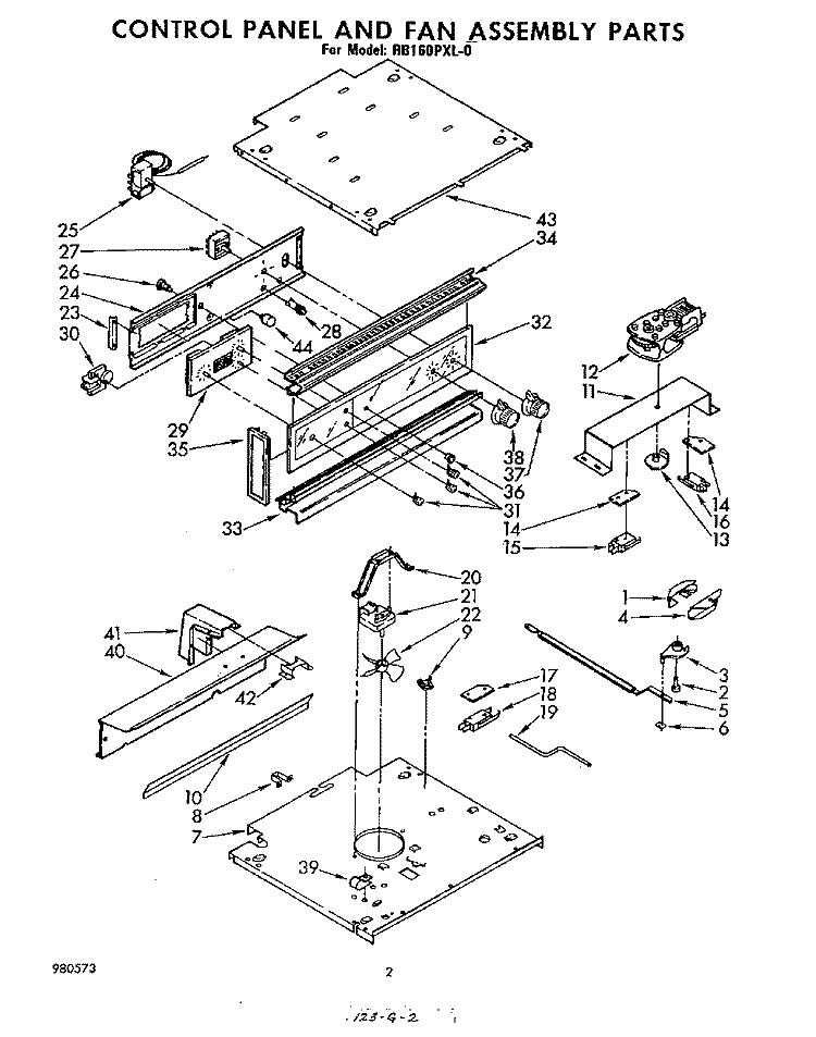 CONTROL PANEL AND FAN ASSEMBLY Diagram and Parts List for RB160PXL0  Whirlpool Wall Oven