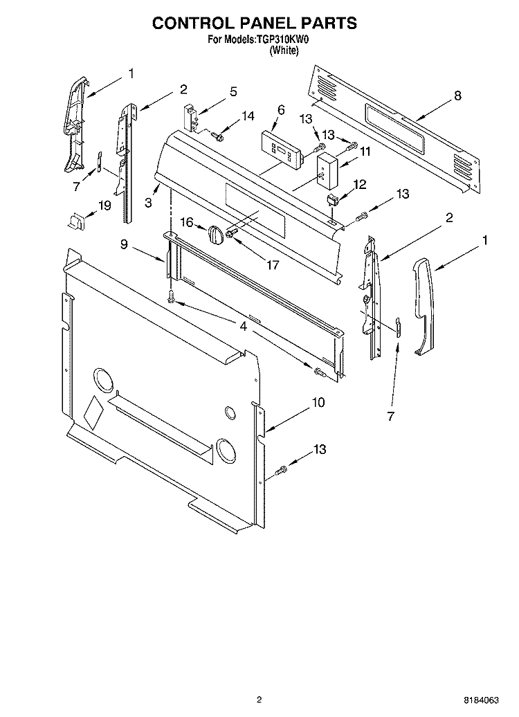 CONTROL PANEL Diagram and Parts List for TGP310KW0  Estate Range