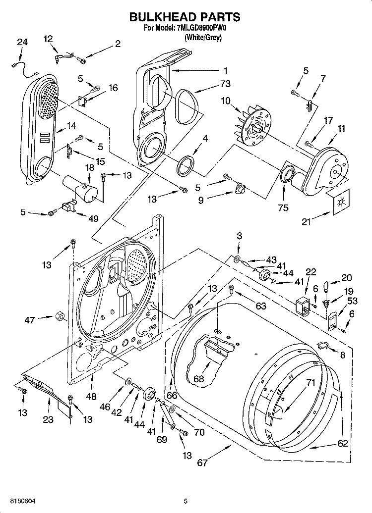 BULKHEAD PARTS Diagram and Parts List for 7MLGD8900PW0  Whirlpool Dryer