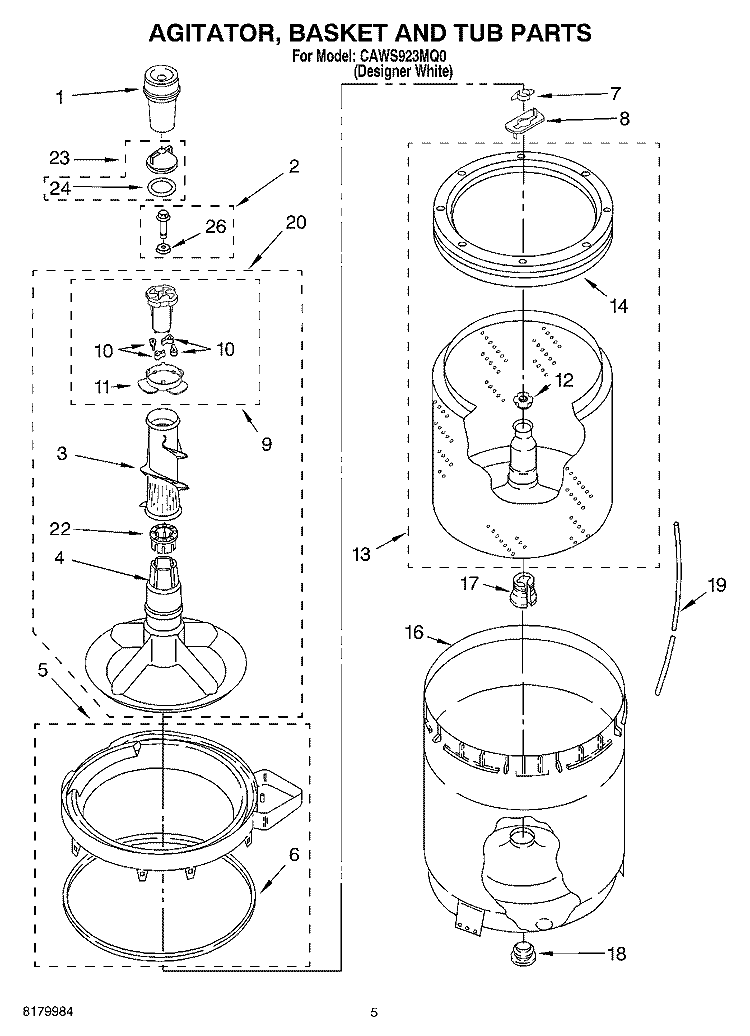 AGITATOR, BASKET AND TUB PARTS Diagram and Parts List for CAWS923MQ0  Crosley Washer