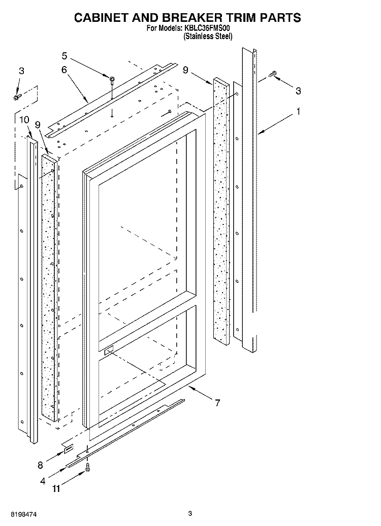 CABINET AND BREAKER TRIM PARTS Diagram and Parts List for KBLC36FMS00  KitchenAid Refrigerator
