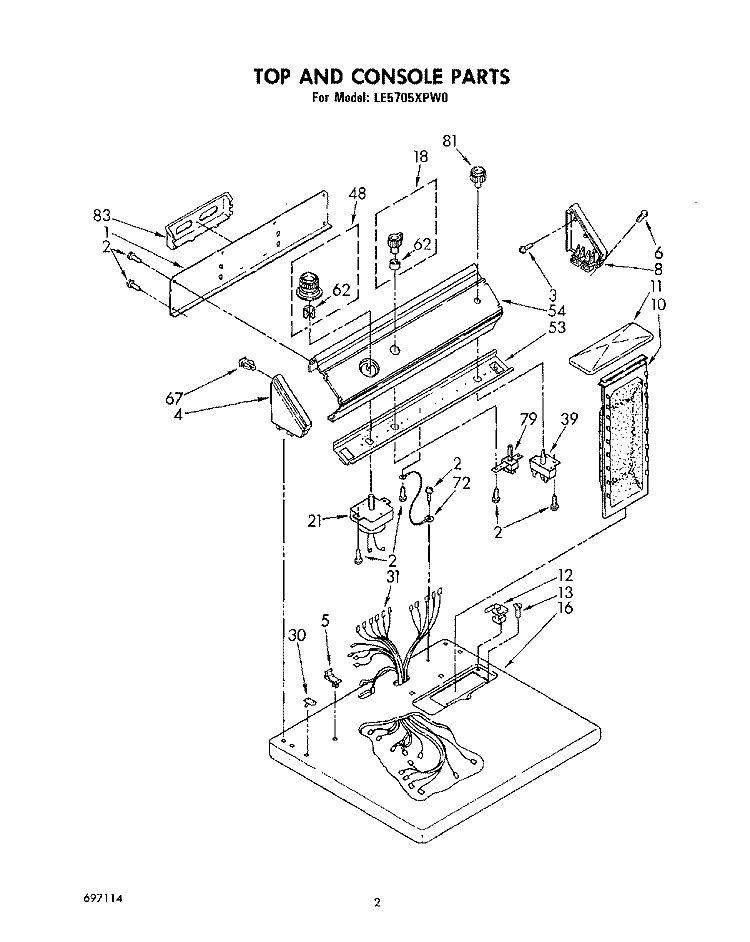 TOP AND CONSOLE, LIT/OPTIONAL Diagram and Parts List for LE5705XPW0  Whirlpool Dryer