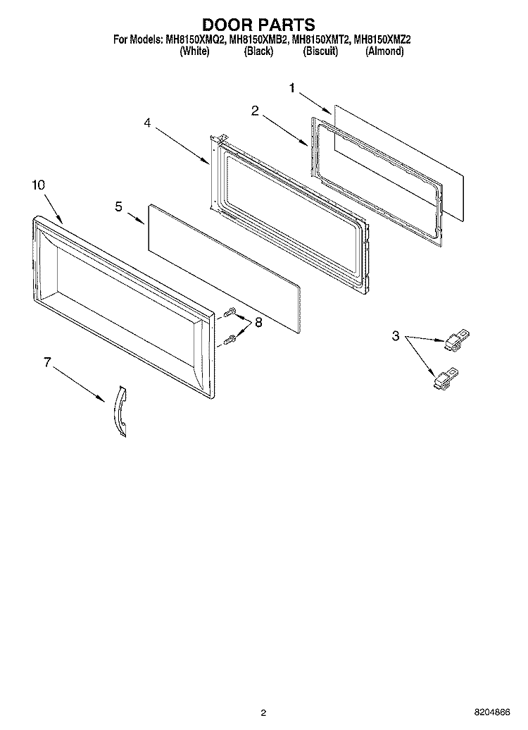 DOOR PARTS Diagram and Parts List for MH8150XMT2  Whirlpool Microwave