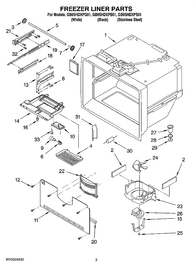 FREEZER LINER PARTS Diagram and Parts List for GB9SHDXPQ01  Whirlpool Refrigerator