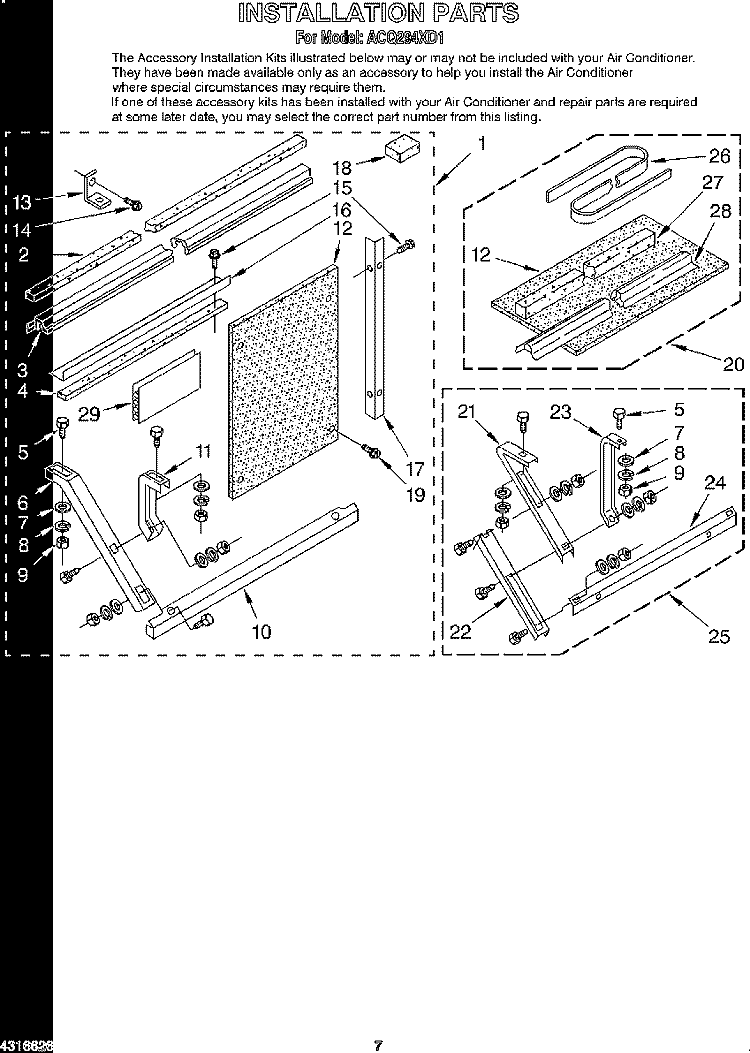 INSTALLATION Diagram and Parts List for ACQ294XD1  Whirlpool Air Conditioner