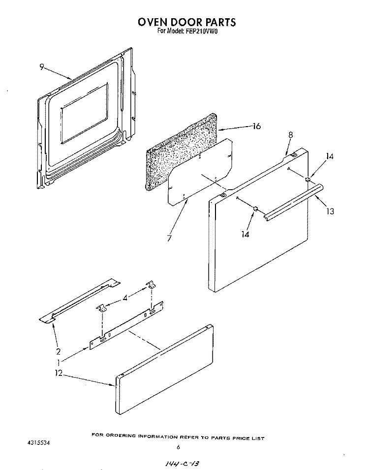 OVEN DOOR Diagram and Parts List for FEP210VW0  Roper Range