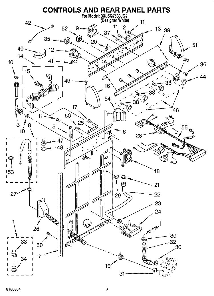 CONTROLS AND REAR PANEL PARTS Diagram and Parts List for 3XLSQ7533JQ4  Whirlpool Washer