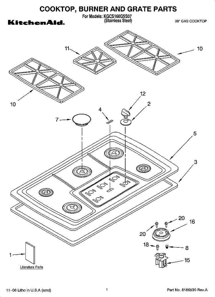 COOKTOP, BURNER AND GRATE PARTS Diagram and Parts List for KGCS166GSS07  KitchenAid Cooktop