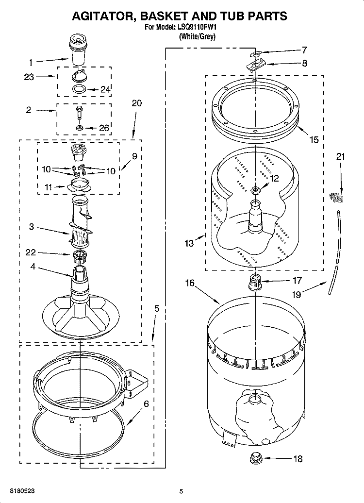 AGITATOR, BASKET AND TUB PARTS Diagram and Parts List for LSQ9110PW1  Whirlpool Washer