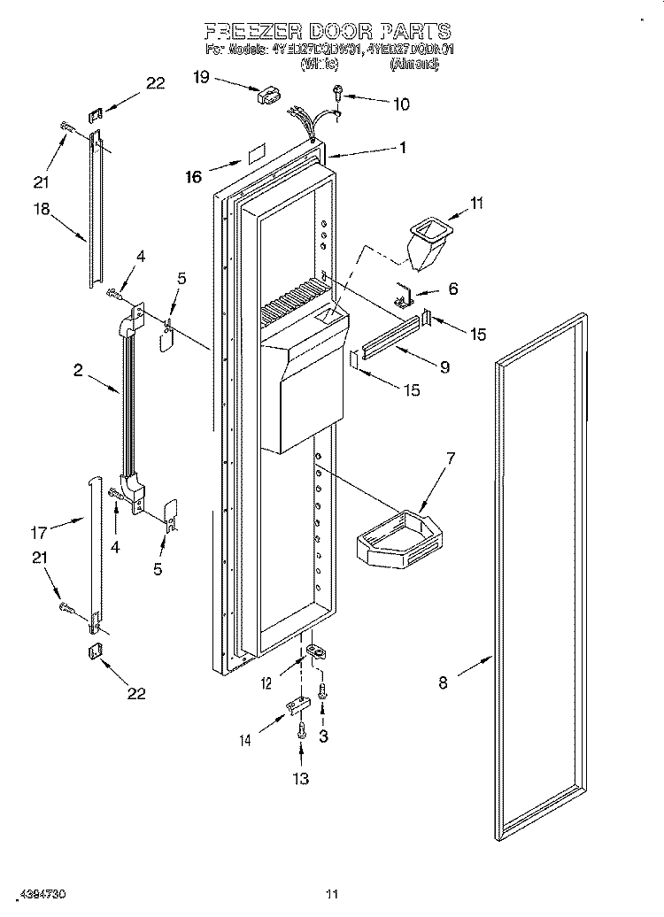 FREEZER DOOR Diagram and Parts List for 4YED27DQDW01  Whirlpool Refrigerator