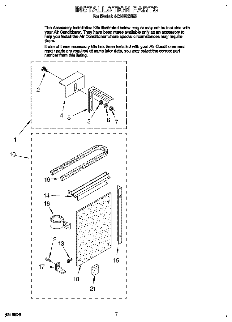 INSTALLATION Diagram and Parts List for ACM052XE0  Whirlpool Air Conditioner