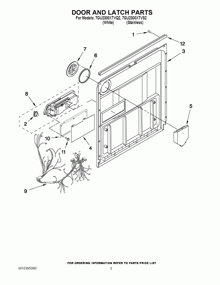 DOOR AND LATCH PARTS Diagram and Parts List for 7GU2300XTVS2  Whirlpool Dishwasher