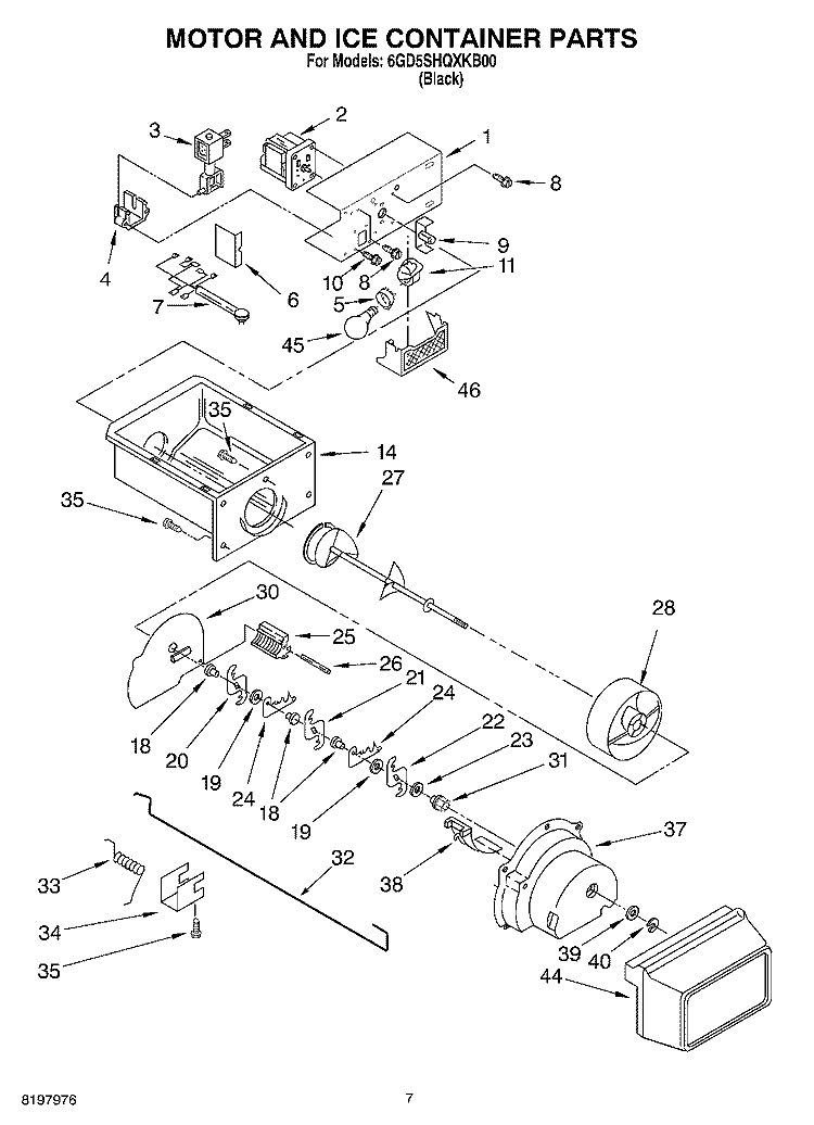 MOTOR AND ICE CONTAINER Diagram and Parts List for 6GD5SHQXKB00  Whirlpool Refrigerator