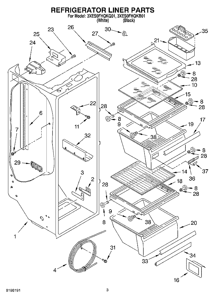 REFRIGERATOR LINER Diagram and Parts List for 3XES0FHQKB01  Whirlpool Refrigerator