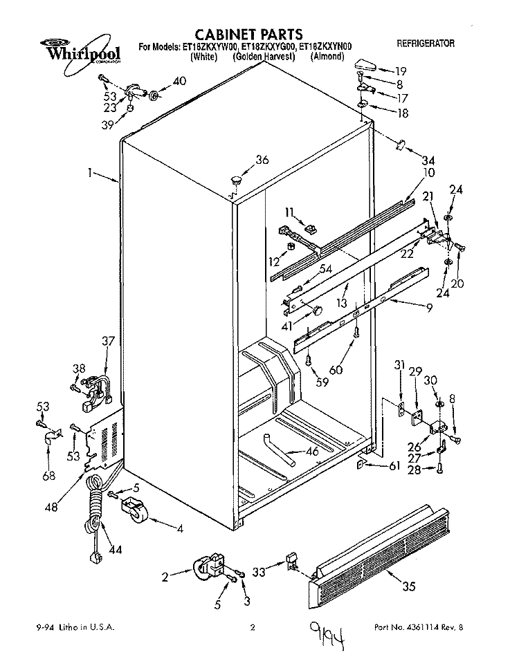 CABINET Diagram and Parts List for ET18ZKXYW00  Whirlpool Refrigerator