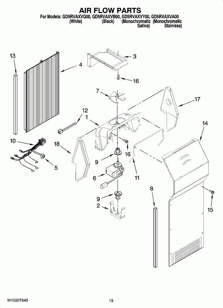 AIR FLOW PARTS, OPTIONAL PARTS (NOT INCLUDED) Diagram and Parts List for GD5RVAXVB00  Whirlpool Refrigerator