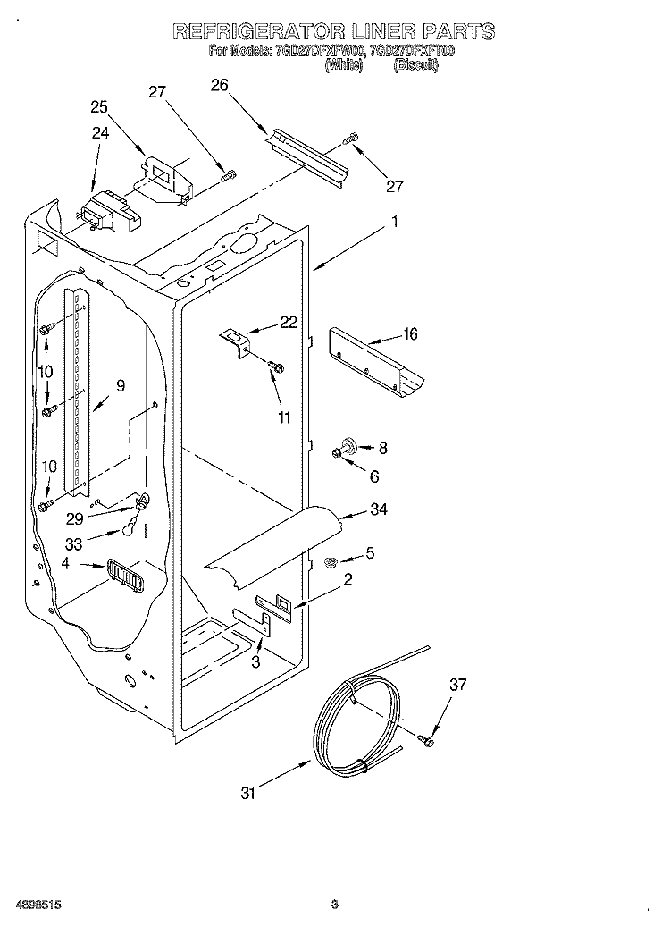 REFRIGERATOR LINER Diagram and Parts List for 7GD27DFXFT00  Whirlpool Refrigerator