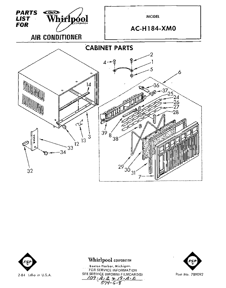 CABINET PARTS Diagram and Parts List for ACH184XM0  Whirlpool Air Conditioner