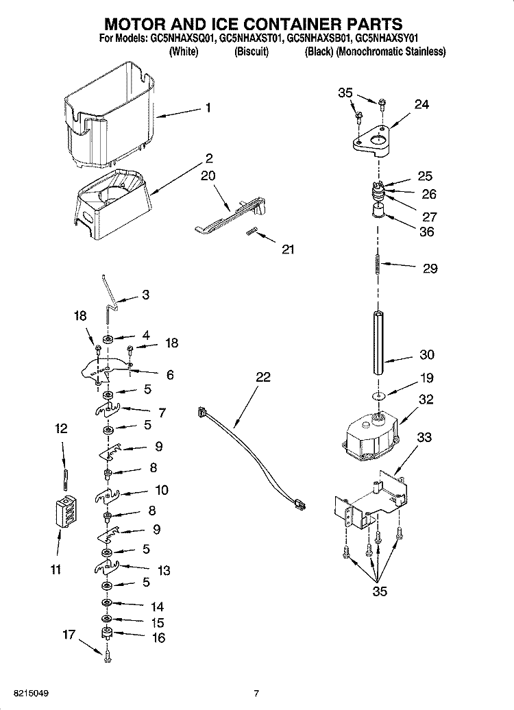 MOTOR AND ICE CONTAINER PARTS Diagram and Parts List for GC5NHAXSY01  Whirlpool Refrigerator