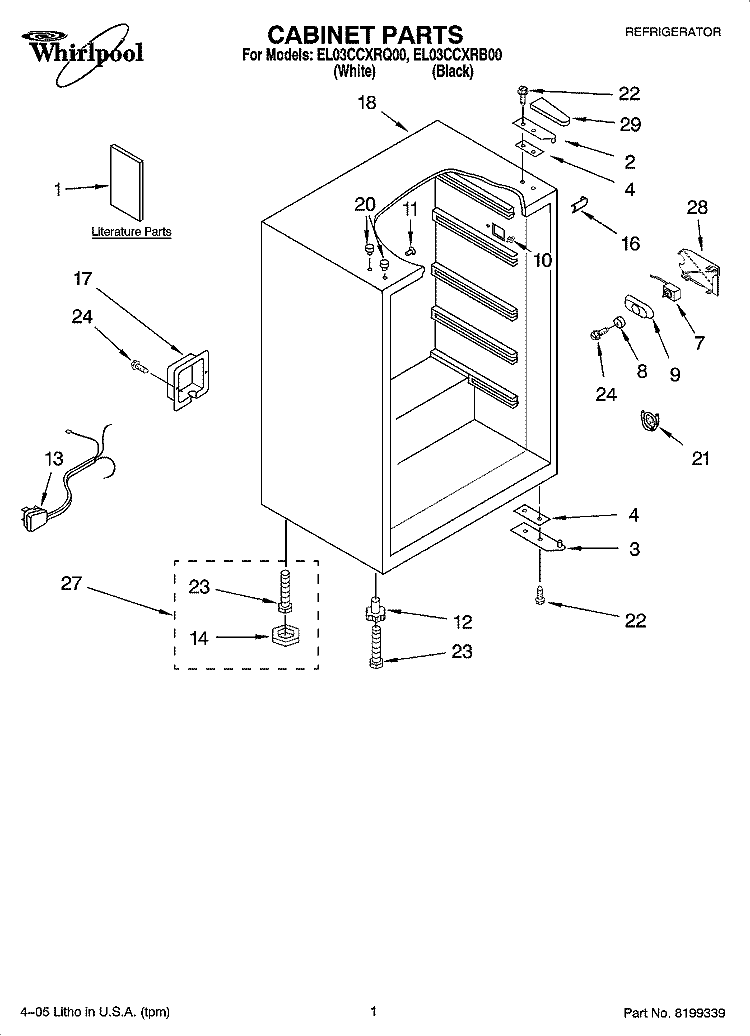 CABINET PARTS Diagram and Parts List for EL03CCXRQ00  Whirlpool Refrigerator