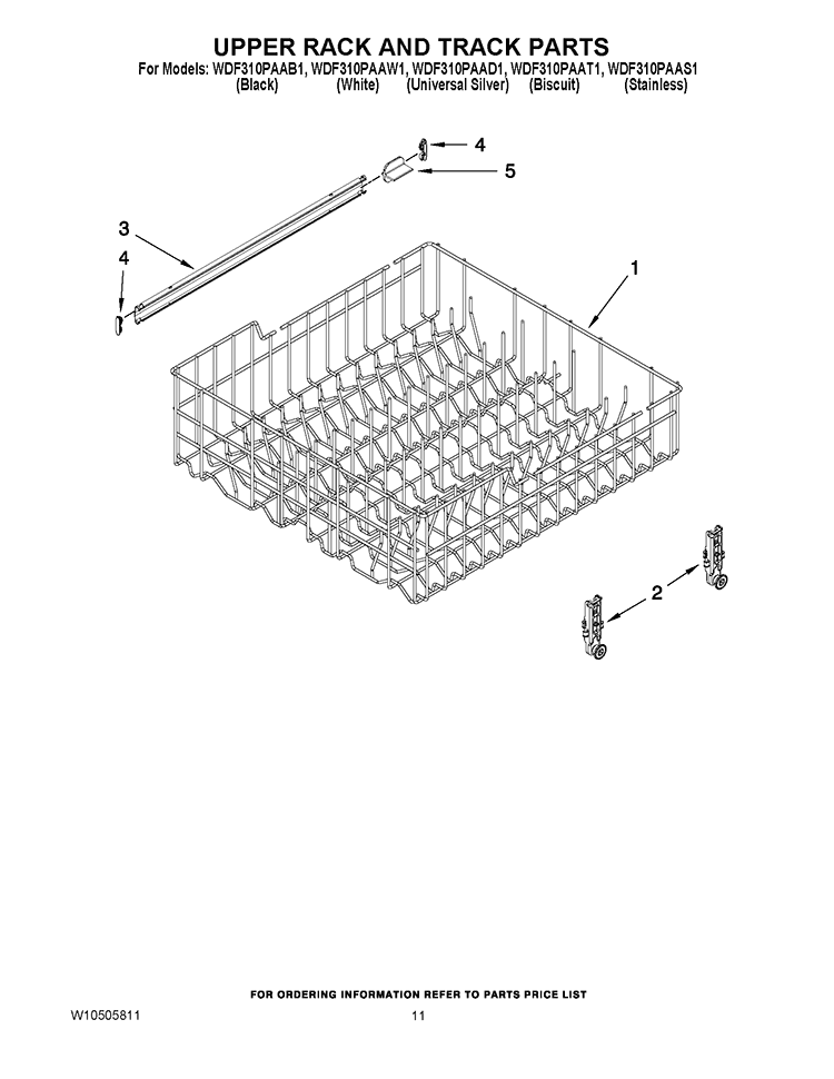 UPPER RACK AND TRACK PARTS Diagram and Parts List for WDF310PAAT1  Whirlpool Dishwasher