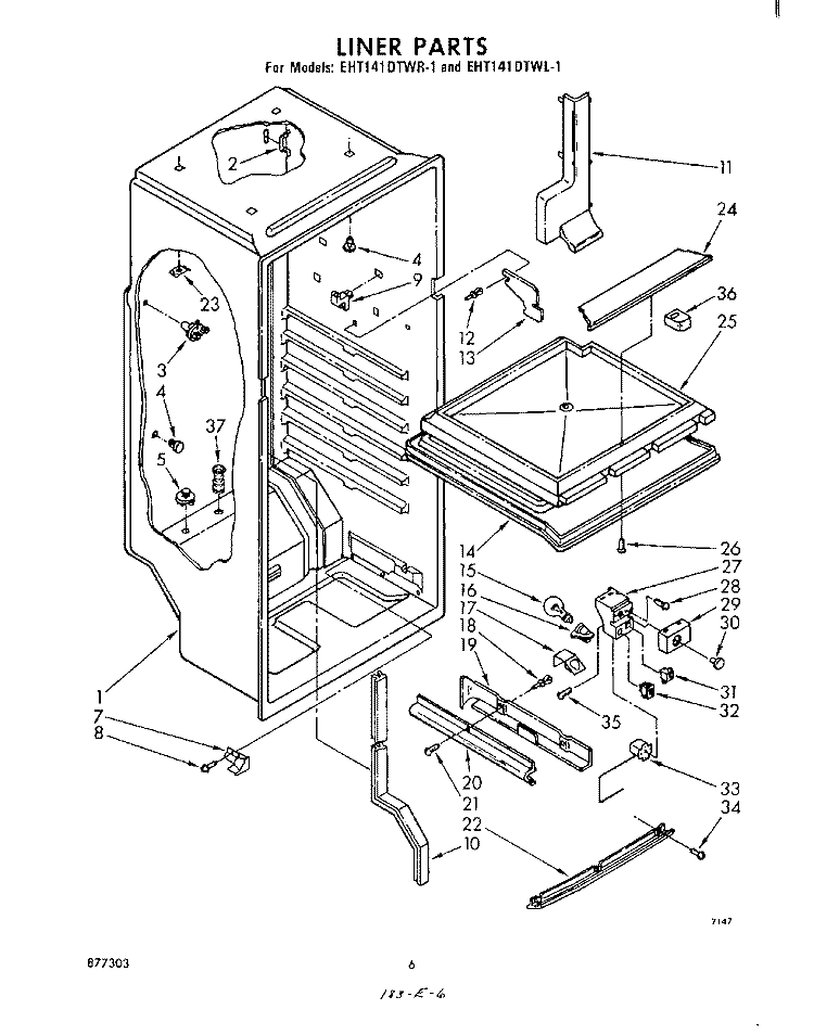 LINER Diagram and Parts List for EHT141DTWR1  Whirlpool Refrigerator