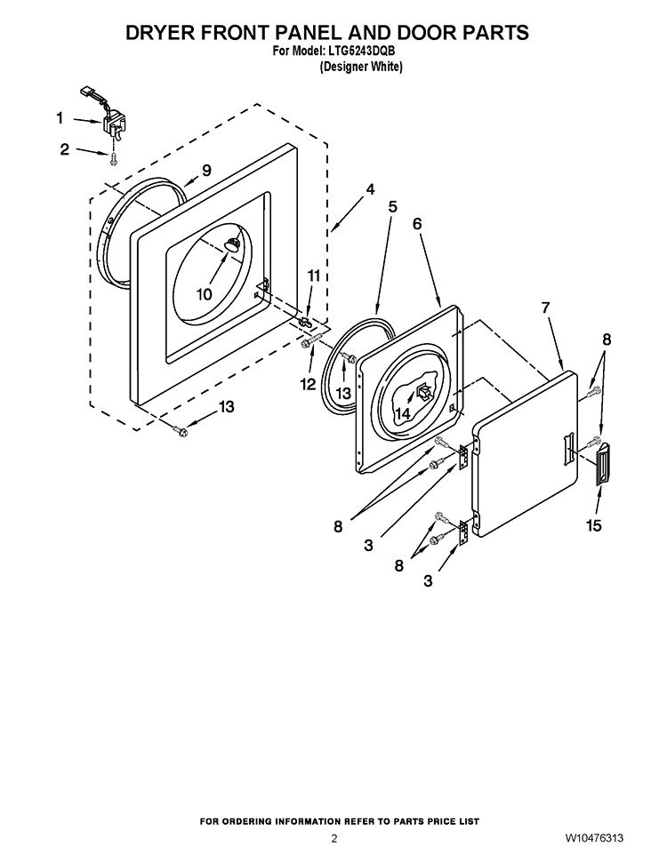 DRYER FRONT PANEL AND DOOR PARTS Diagram and Parts List for LTG5243DQB  Whirlpool Washer Dryer Combo