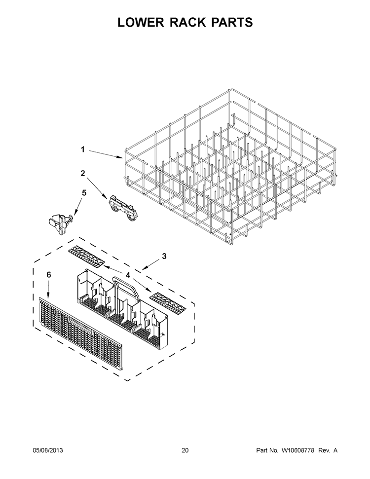 LOWER RACK PARTS Diagram and Parts List for WDF510PAYS8  Whirlpool Dishwasher