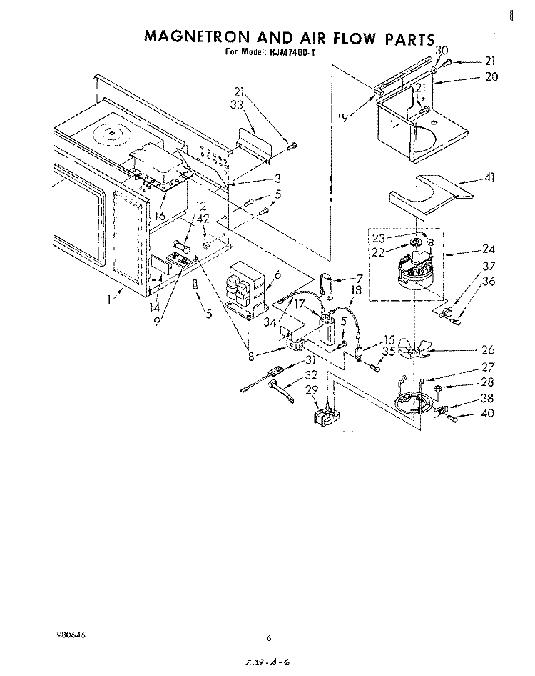 MAGNETRON AND AIR FLOW Diagram and Parts List for RJM74001  Whirlpool Microwave